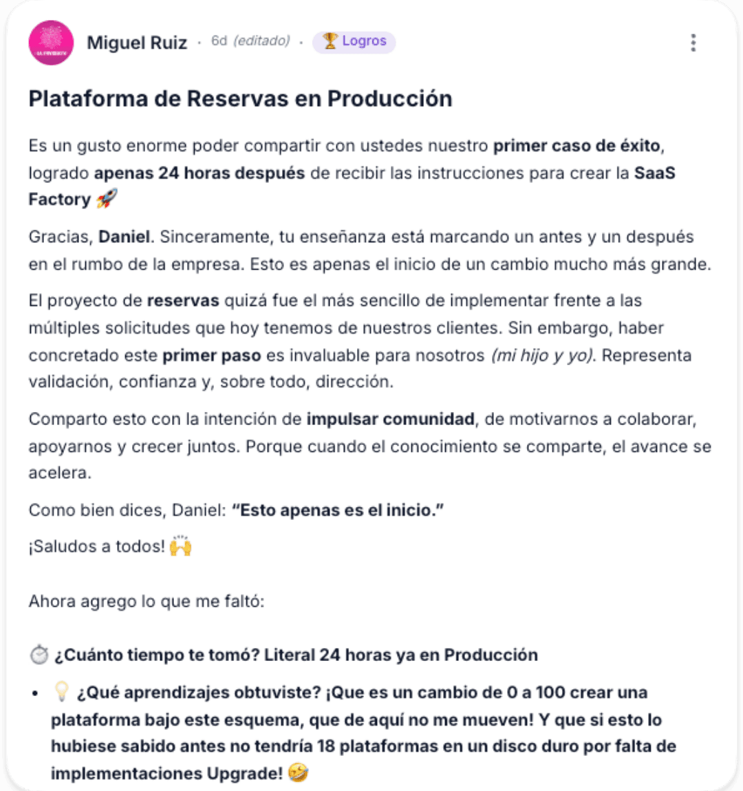 Testimonio de miembro SaaS Factory