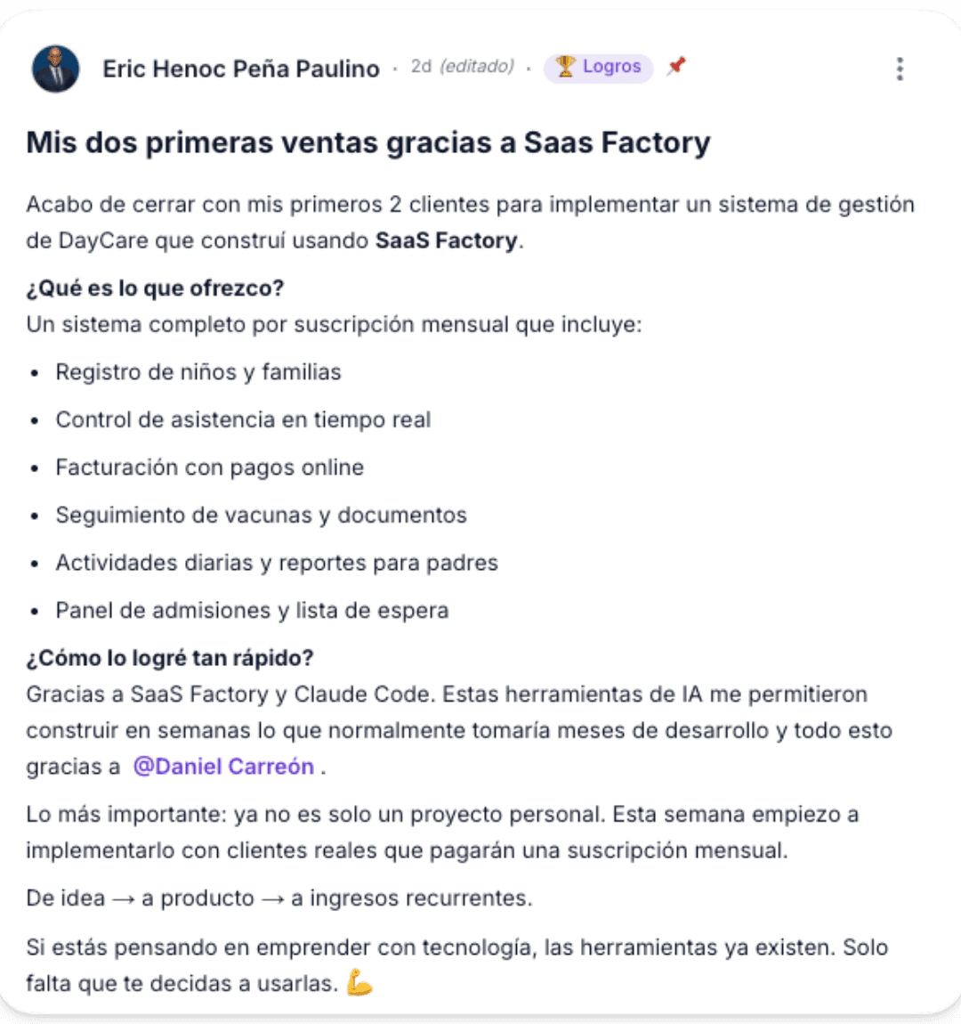 Testimonio de miembro SaaS Factory